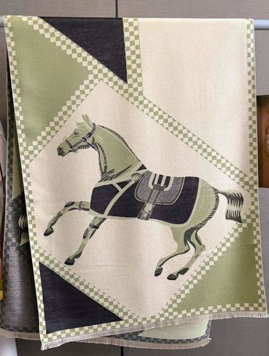 #color_ Green Beige Black | Relhok Scarf with Two Horses - Green Beige Black - greenbeigeblack