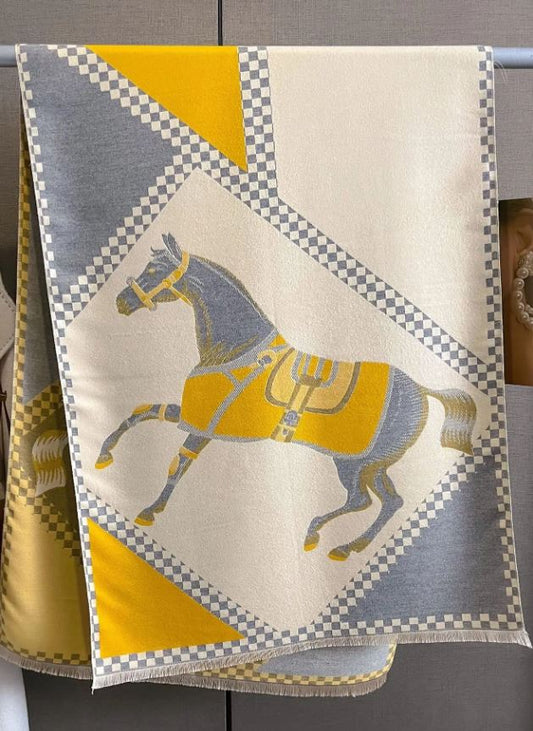 #color_ Yellow Beige Grey | Relhok Scarf with Two Horses - Yellow Beige Grey - yellowgrey