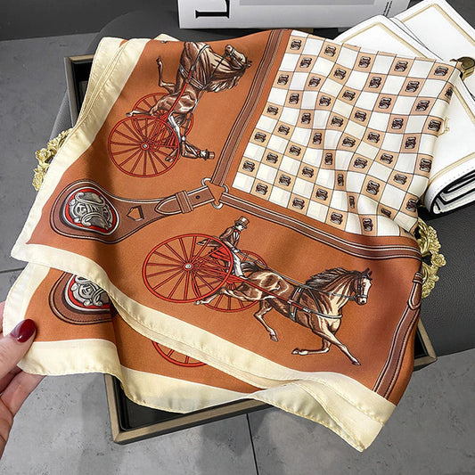 #color_ Brown | Relhok Horse Carriage Check Pattern Scarf - Brown - 70cm-Luxury-Brand-Women-Scarf-Summer-Silk-Scarves-Shawls-Lady-Sunscreen-Beach-Shawl-Horse-Print-Square.jpg_640x640_1