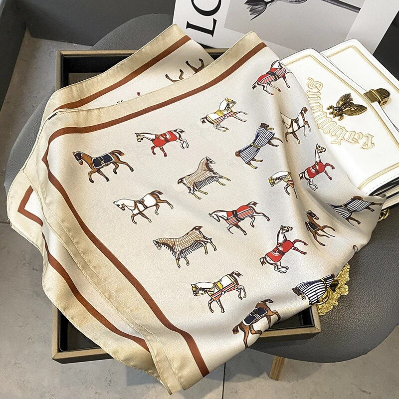 #color_ Beige | Relhok Multiple Horses Scarf - Beige - 70cm-Luxury-Brand-Women-Scarf-Summer-Silk-Scarves-Shawls-Lady-Sunscreen-Beach-Shawl-Horse-Print-Square_jpg_Q90_jpg