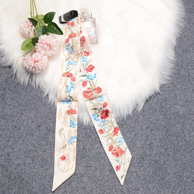 #color_ Beige with Red and Blue Flowers | Relhok Handbag Skinny Scarf - Beige with Red and Blue Flowers - Beige_with_Red_and_Blue_Flowers