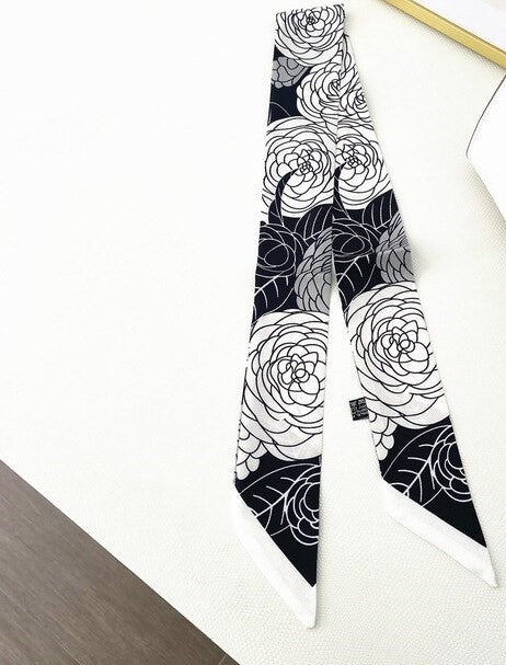 #color_ Flowers Black and White Roses | Relhok Handbag Skinny Scarf - Flowers Black and White Roses - black_with_white_roses