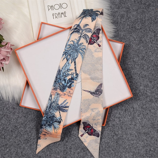 #color_ Palm Trees and Butterfly Orange Peach | Relhok Handbag Skinny Scarf - Palm Trees and Butterfly Orange Peach - peach_with_palm_trees