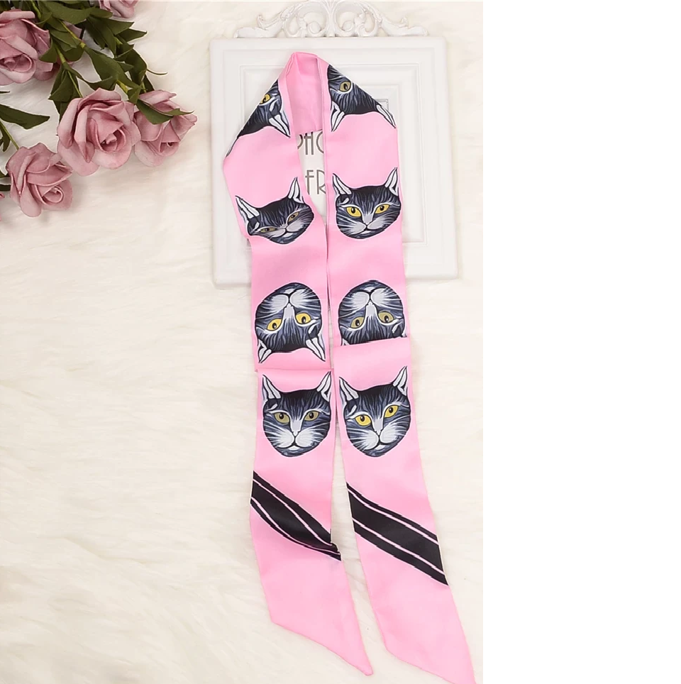#color_ Cats Heads Pink and Black | Relhok Handbag Skinny Scarf - Cats Heads Pink and Black - pink_with_cats
