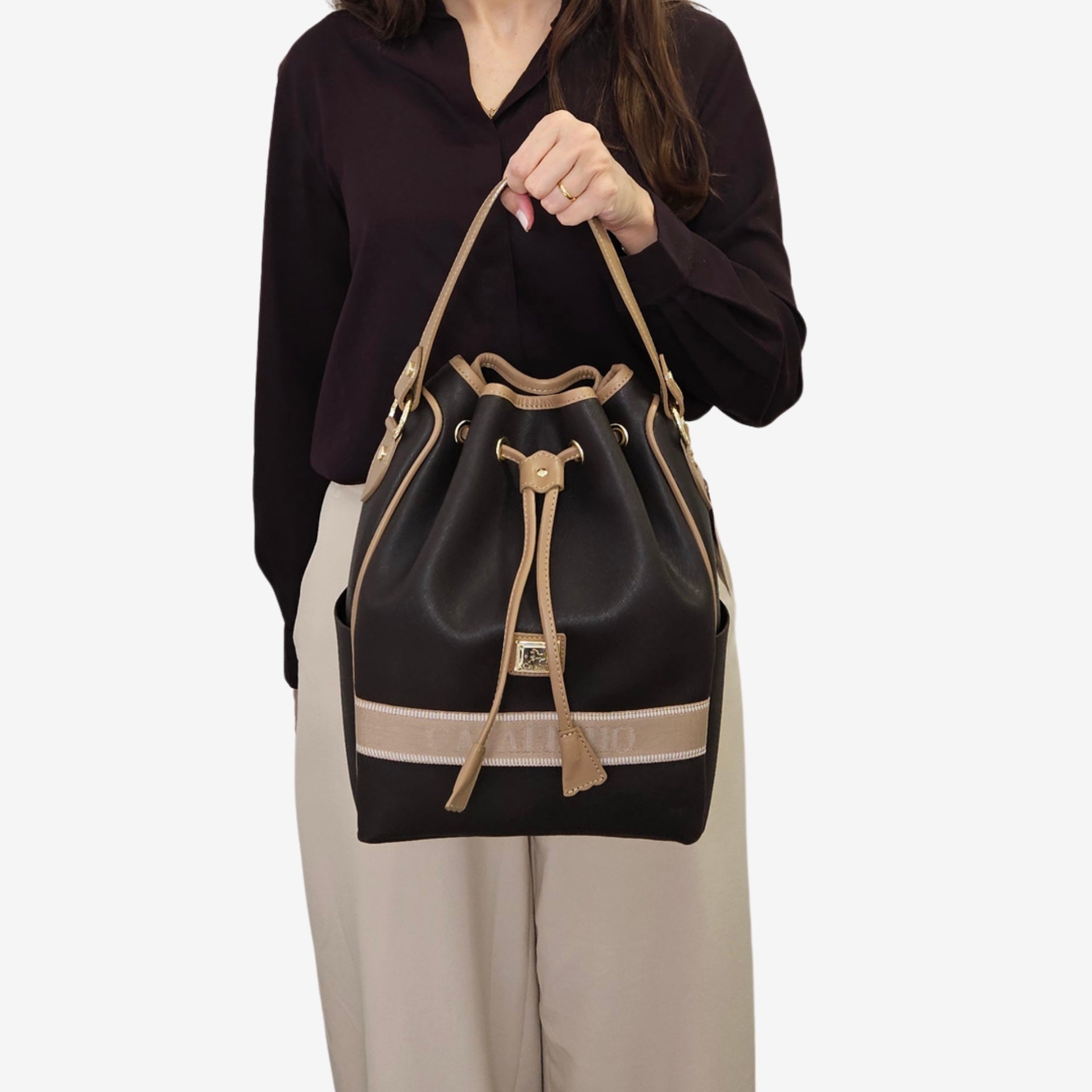 Cavalinho Only by Cavalinho Brown Drawstring Bucket Handbag SKU 16200598.02 #color_brown / beige