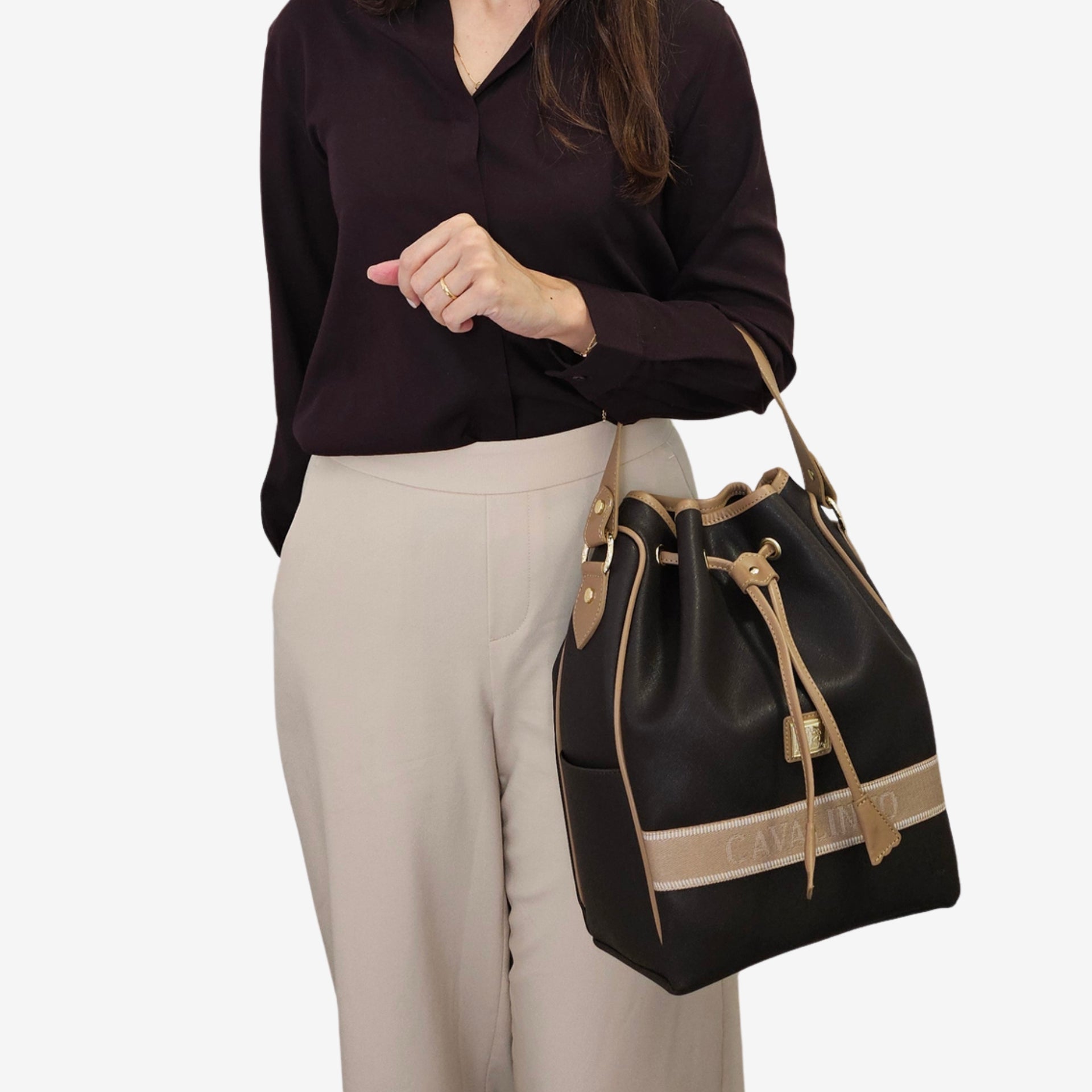 Cavalinho Only by Cavalinho Brown Drawstring Bucket Handbag SKU 16200598.02 #color_brown / beige