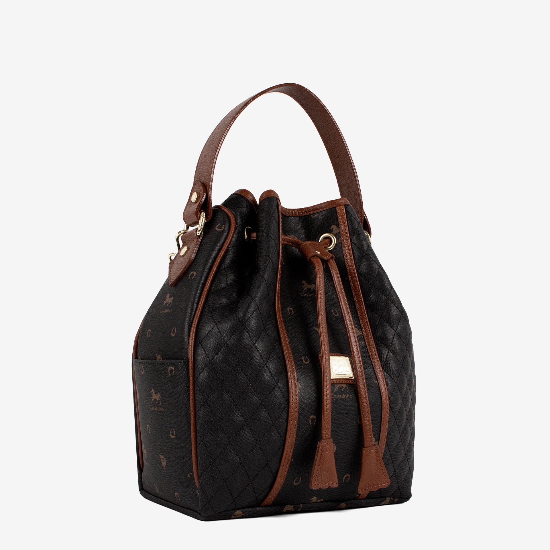 Cavalinho Di Cavallo Black Drawstring Bucket Handbag SKU 16250598.32 #color_black / brown
