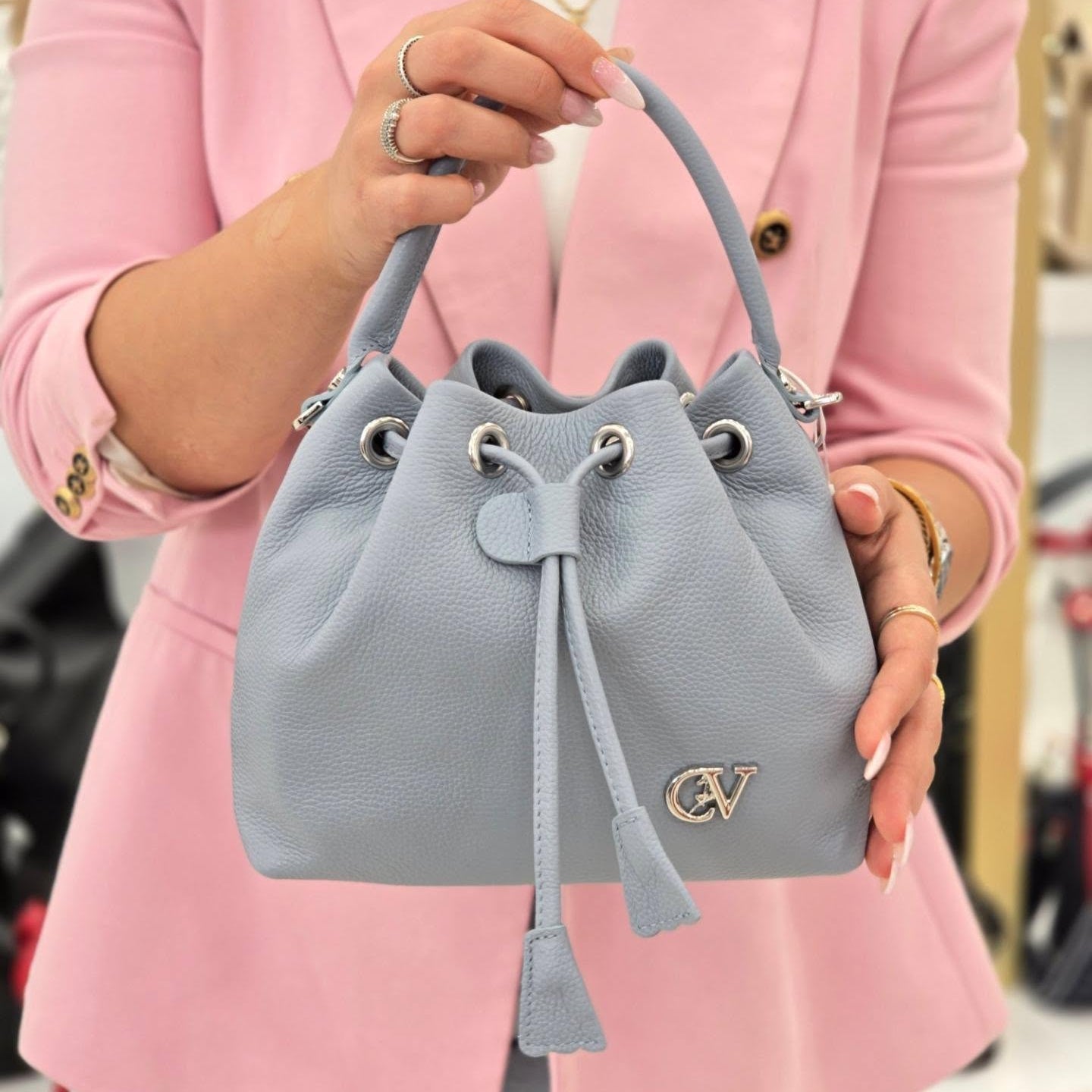 Signature CV By Cavalinho Grey-ish Blue Leather Mini Bucket Bag SKU 16260651.10 #color_lightblue