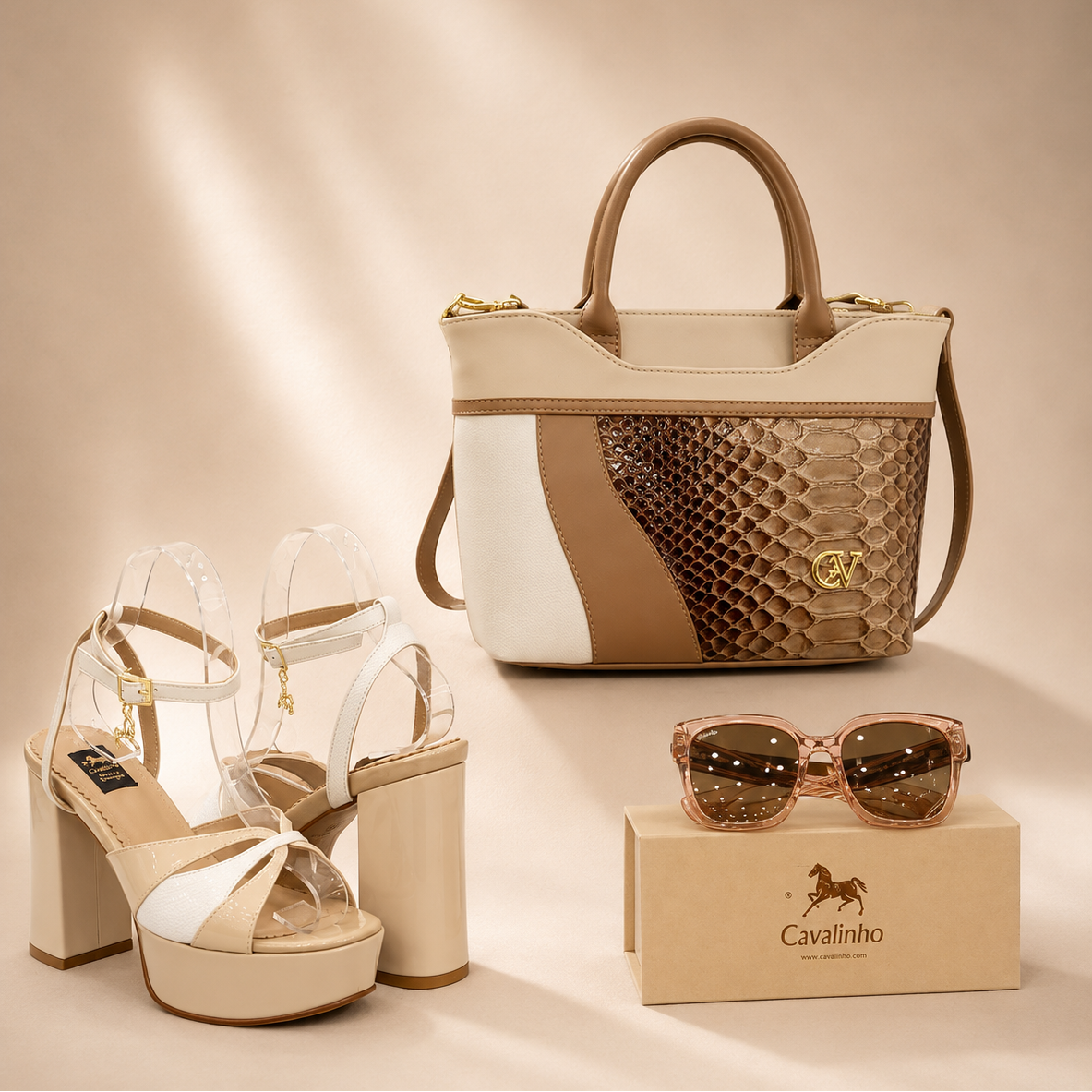 CV by Cavalinho designer handbag in beige and white with patent leather croc-effect detailing SKU 16280635.31 #color_beige / white, beige / blanc, bege / branco