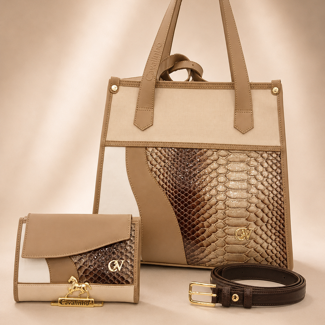 CV by Cavalinho beige and white tote bag with croc-effect patent leather detailing SKU 16280649.31 #color_beige / white, beige / blanc, bege / branco