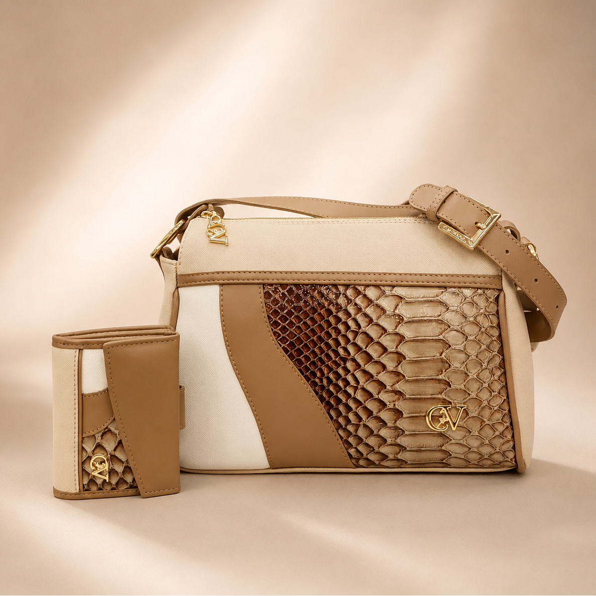CV by Cavalinho beige and white crossbody bag with croc-effect patent leather SKU 16280654.31 #color_beige / white, beige / blanc, bege / branco