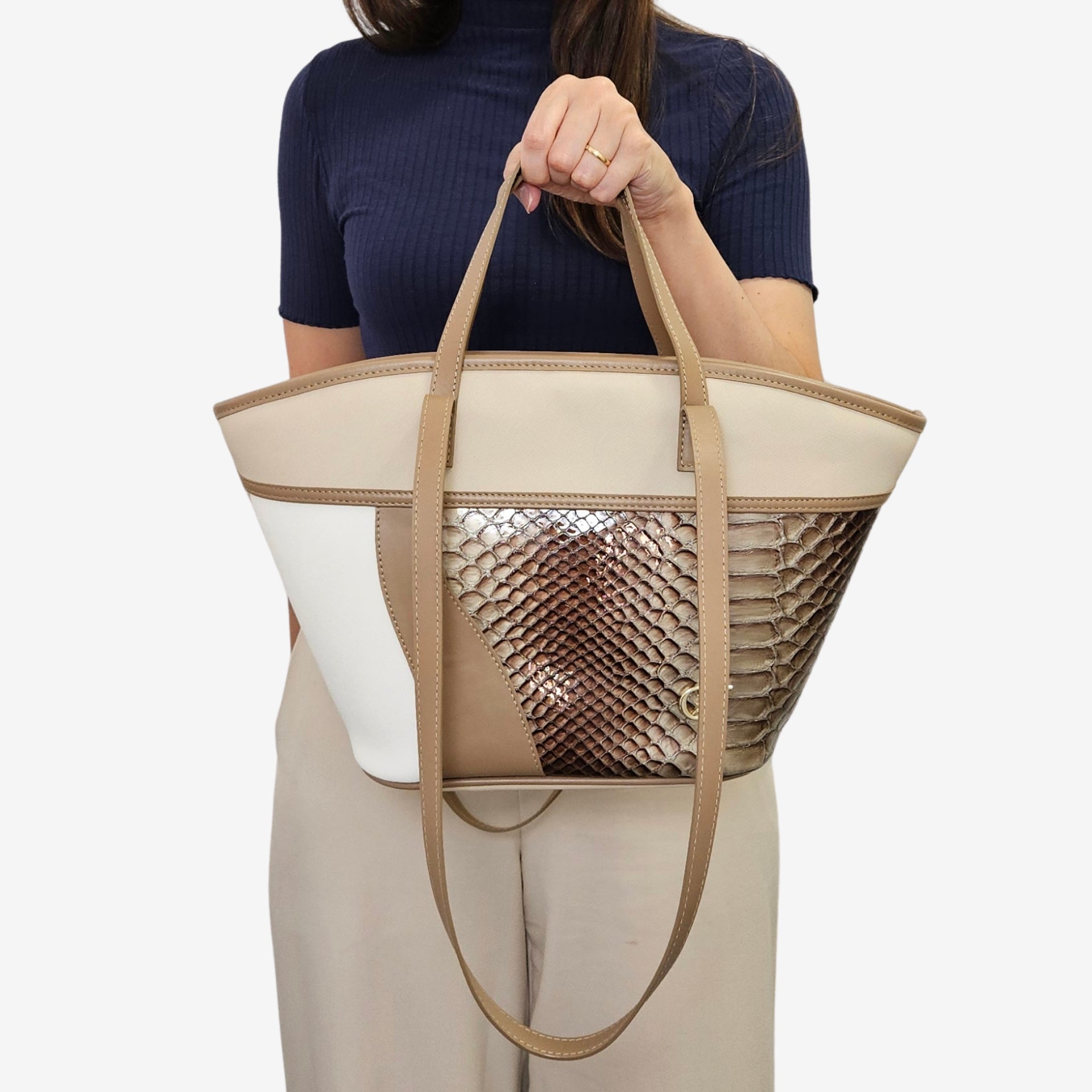 CV by Cavalinho designer boat handbag in beige and white with patent leather croc-effect detailing SKU 16280656.31 #color_beige / white, beige / blanc, bege / branco