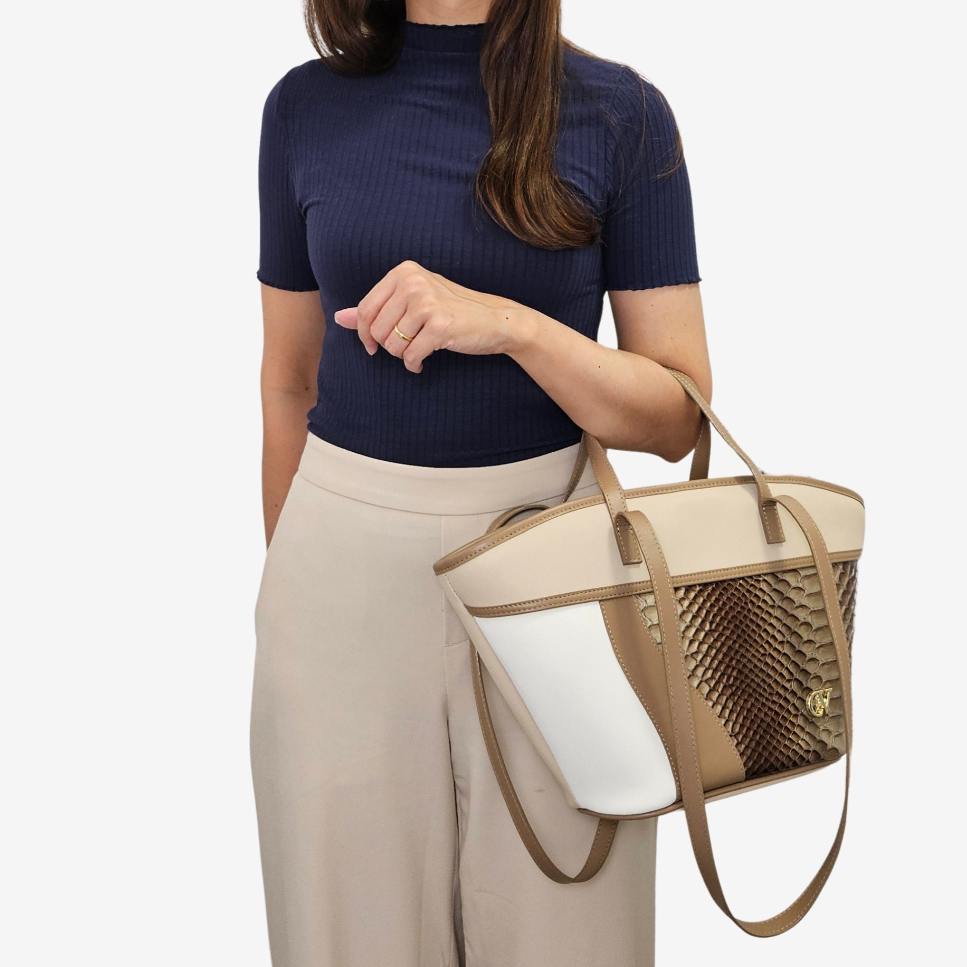 CV by Cavalinho designer boat handbag in beige and white with patent leather croc-effect detailing SKU 16280656.31 #color_beige / white, beige / blanc, bege / branco