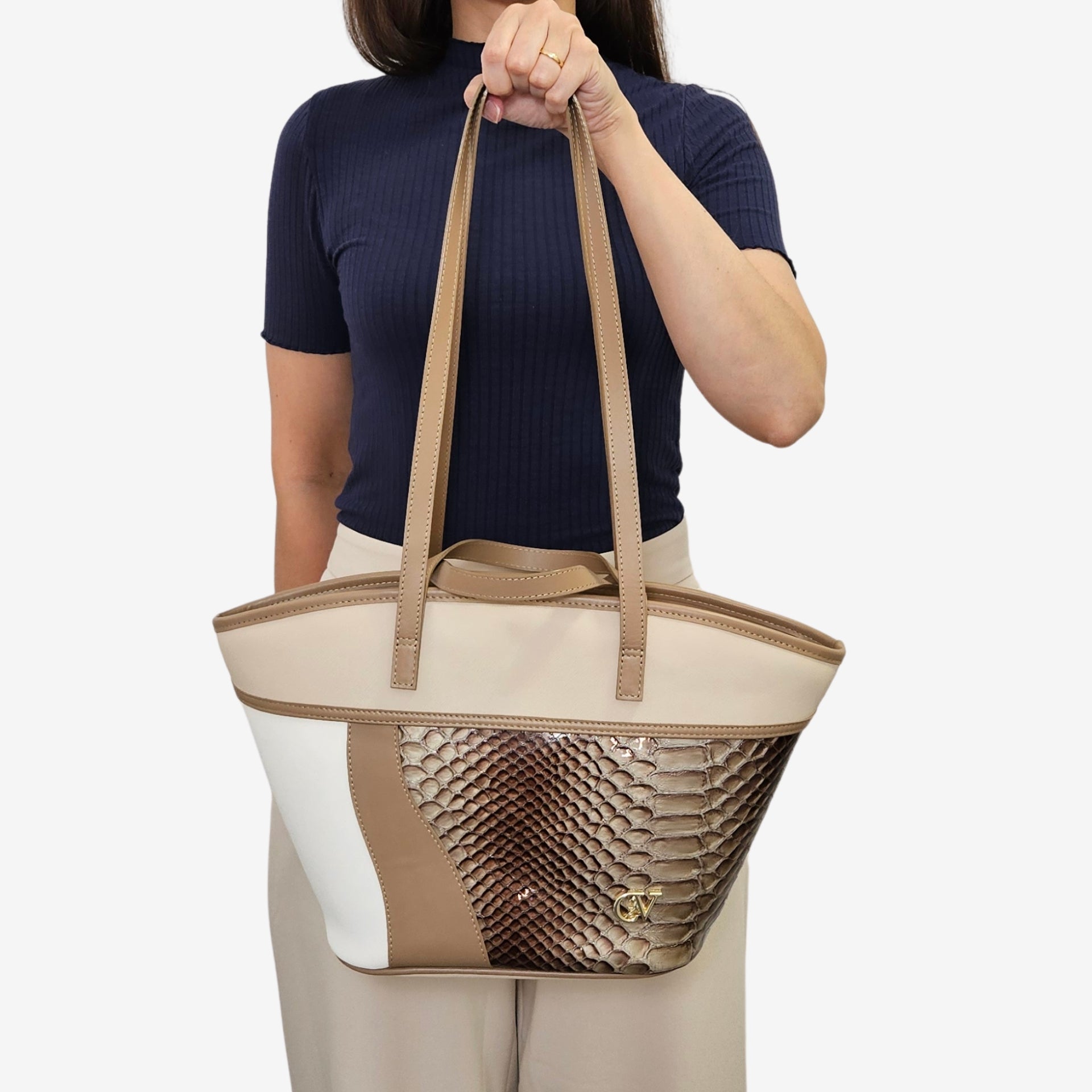 CV by Cavalinho designer boat handbag in beige and white with patent leather croc-effect detailing SKU 16280656.31 #color_beige / white, beige / blanc, bege / branco