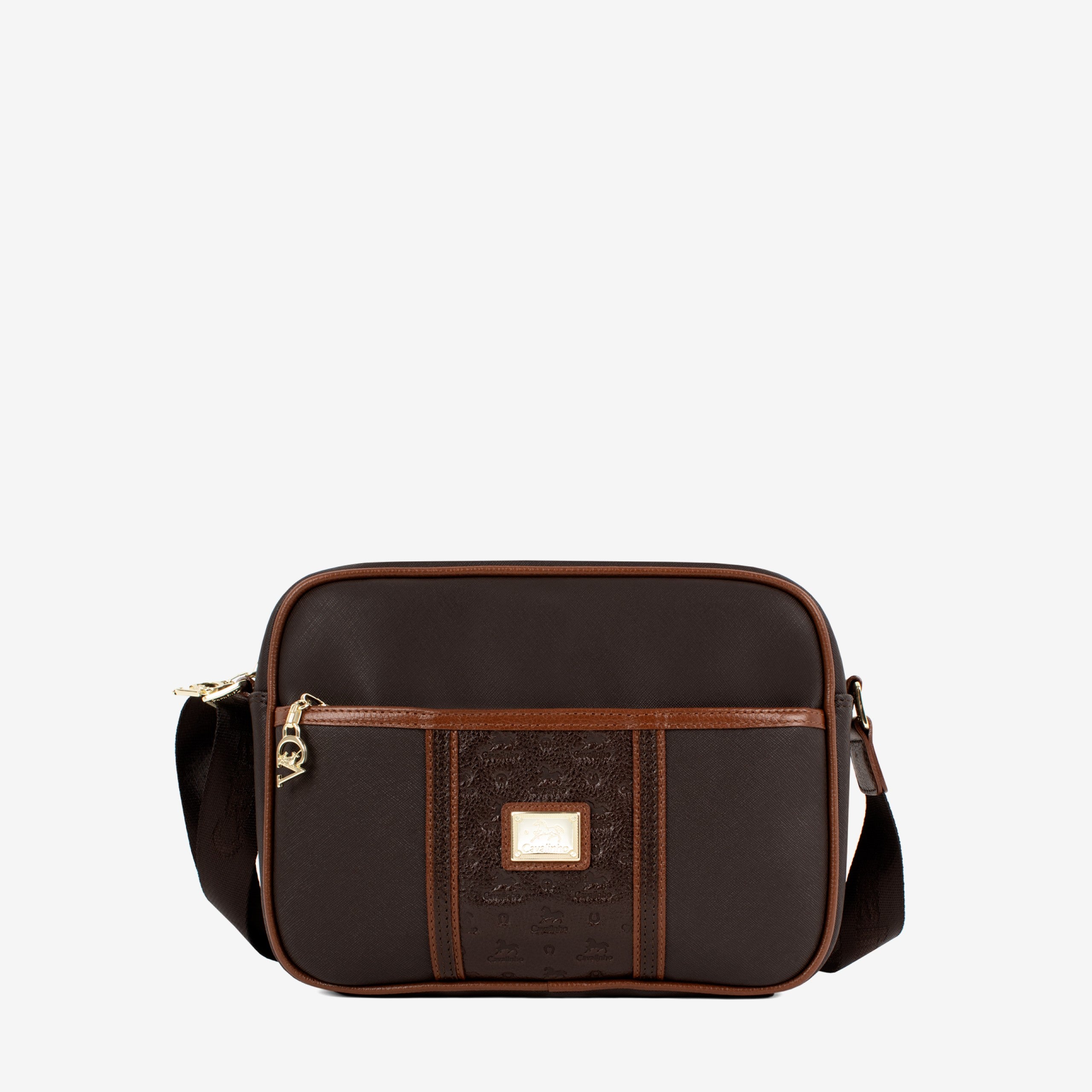 A dark brown crossbody camera bag with a front zippered pocket, featuring a textured embossed panel, a gold-tone square logo plate, and a matching dark brown shoulder strap #color_darkbrown / saddlebrown