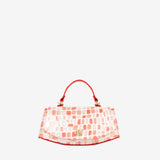 A structured handbag with a curved flap, featuring a red and white crocodile-embossed pattern, a bright red top handle, and a small gold-tone logo clasp at the center #color_red