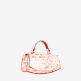 A structured handbag with a curved flap, featuring a red and white crocodile-embossed pattern, a bright red top handle, and a small gold-tone logo clasp at the center #color_red