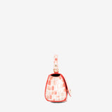 A structured handbag with a curved flap, featuring a red and white crocodile-embossed pattern, a bright red top handle, and a small gold-tone logo clasp at the center #color_red