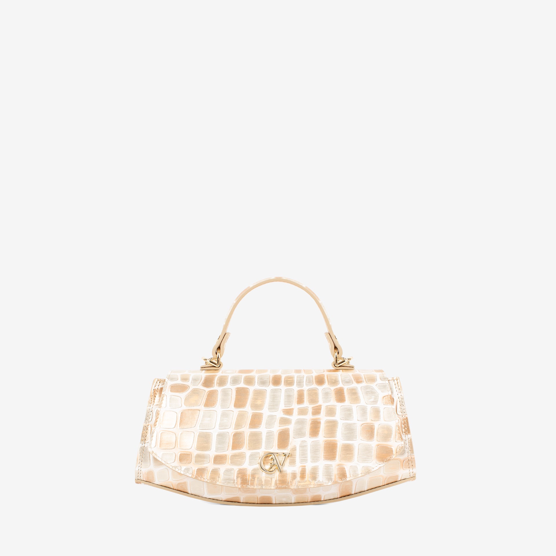 A structured handbag with a glossy crocodile-embossed texture in pale beige and cream, featuring a curved top handle and a small gold-tone logo clasp on the front, set against a plain light gray background #color_beige