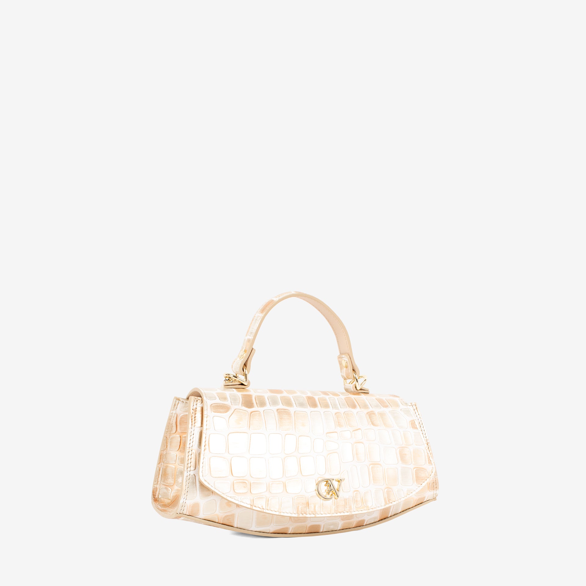 A light beige crocodile-embossed leather handbag with a top handle and gold-tone hardware, photographed against a solid white background #color_beige