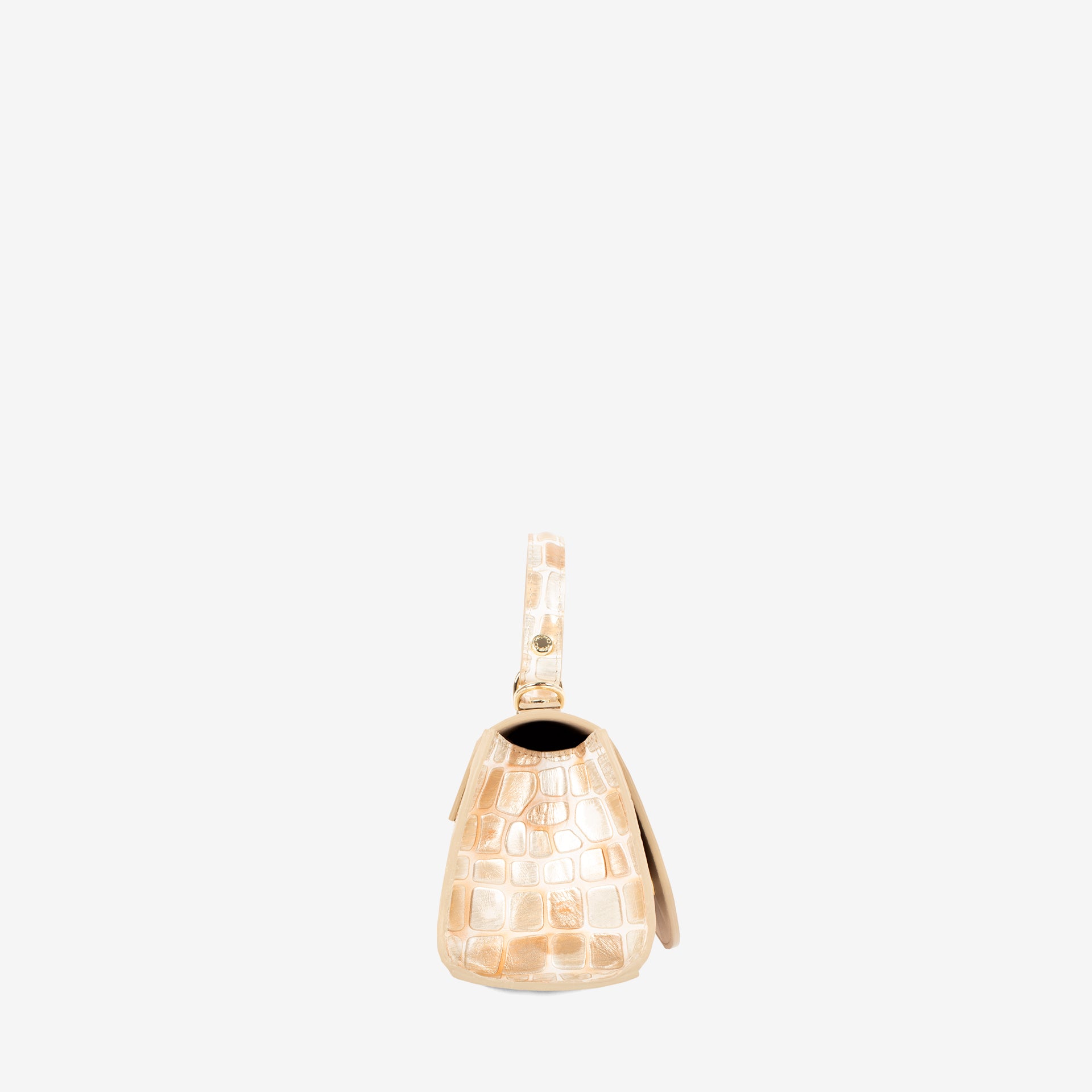 A small structured handbag in pale beige crocodile-embossed leather with gold-tone hardware, shown against a plain white background #color_beige