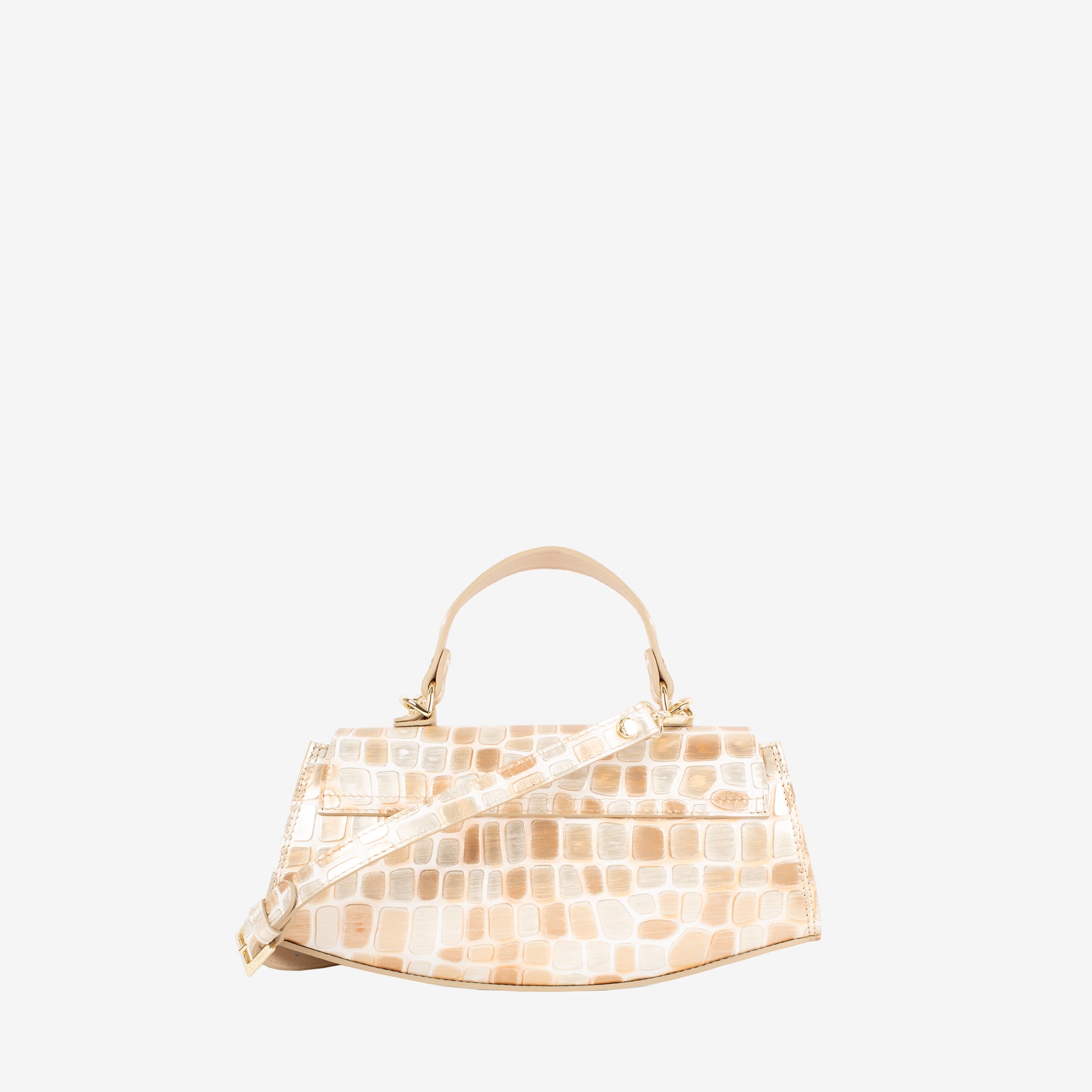 A small structured handbag in pale beige crocodile-embossed leather with gold-tone hardware, shown against a plain white background #color_beige