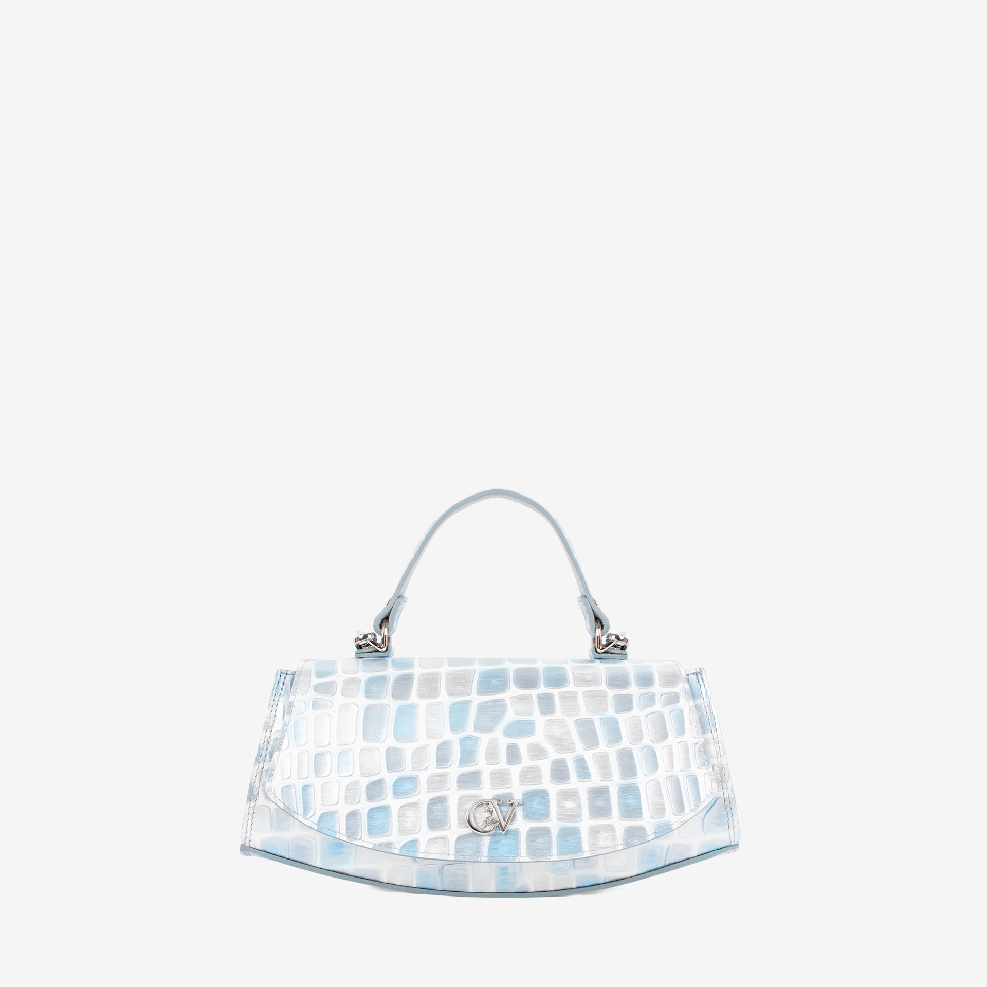A light blue and white crocodile-embossed handbag with a curved top handle and silver-tone hardware, shown against a plain white background. #color_lightblue