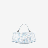 A light blue and white crocodile-embossed handbag with a curved top handle and silver-tone hardware, shown against a plain white background. #color_lightblue