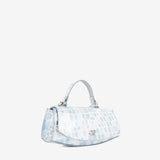 A light blue and white crocodile-embossed handbag with a top handle and silver-tone hardware, photographed on a clean white background. #color_lightblue