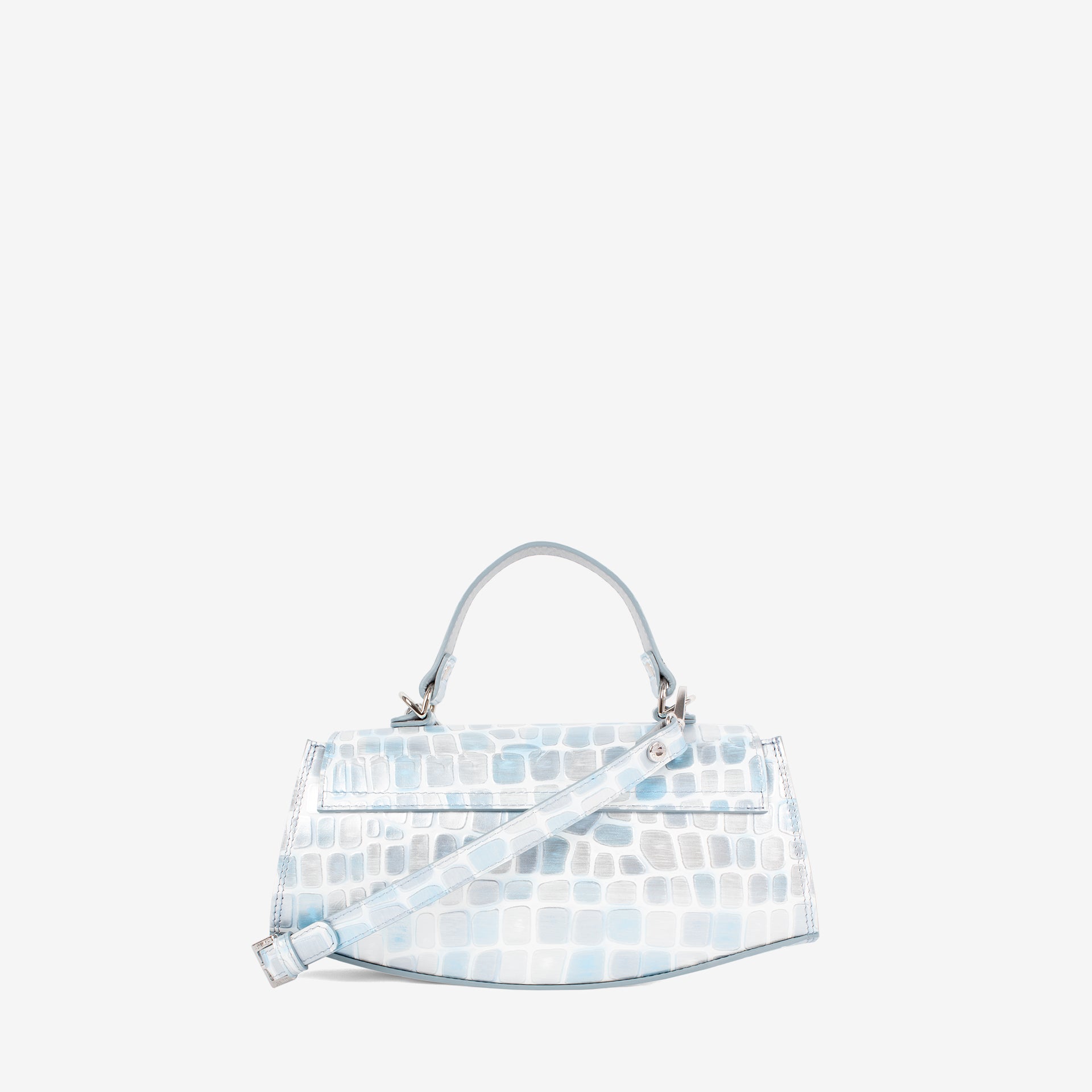 A small structured handbag in a glossy, iridescent light blue crocodile-embossed material, shown from a side profile against a solid white background. #color_lightblue