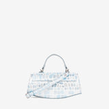 A small structured handbag in a glossy, iridescent light blue crocodile-embossed material, shown from a side profile against a solid white background. #color_lightblue