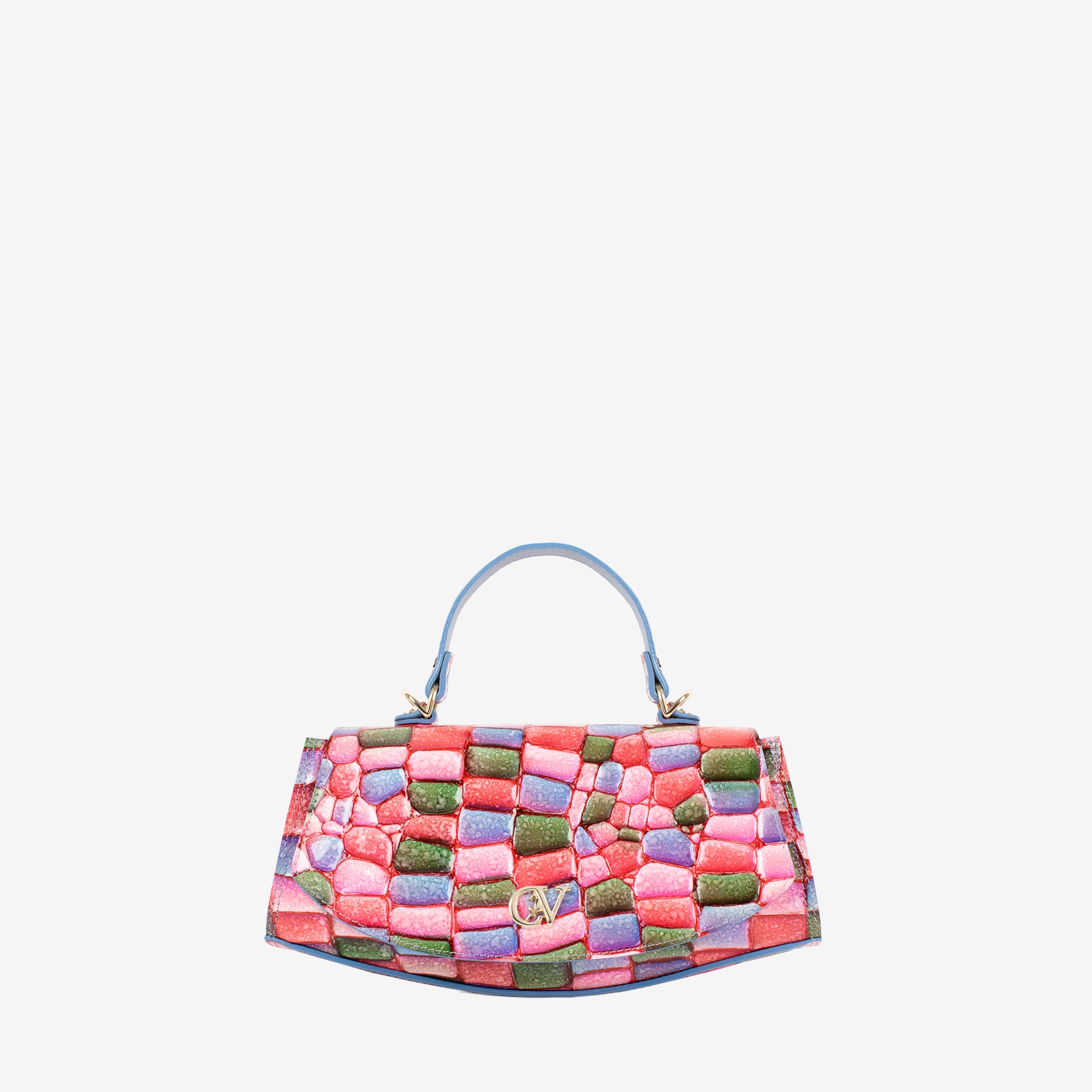 A structured handbag with a multicolor woven pattern of pink, green, and purple rectangular blocks, featuring a light blue top handle and gold-tone hardware, set against a plain light gray background. #color_pink