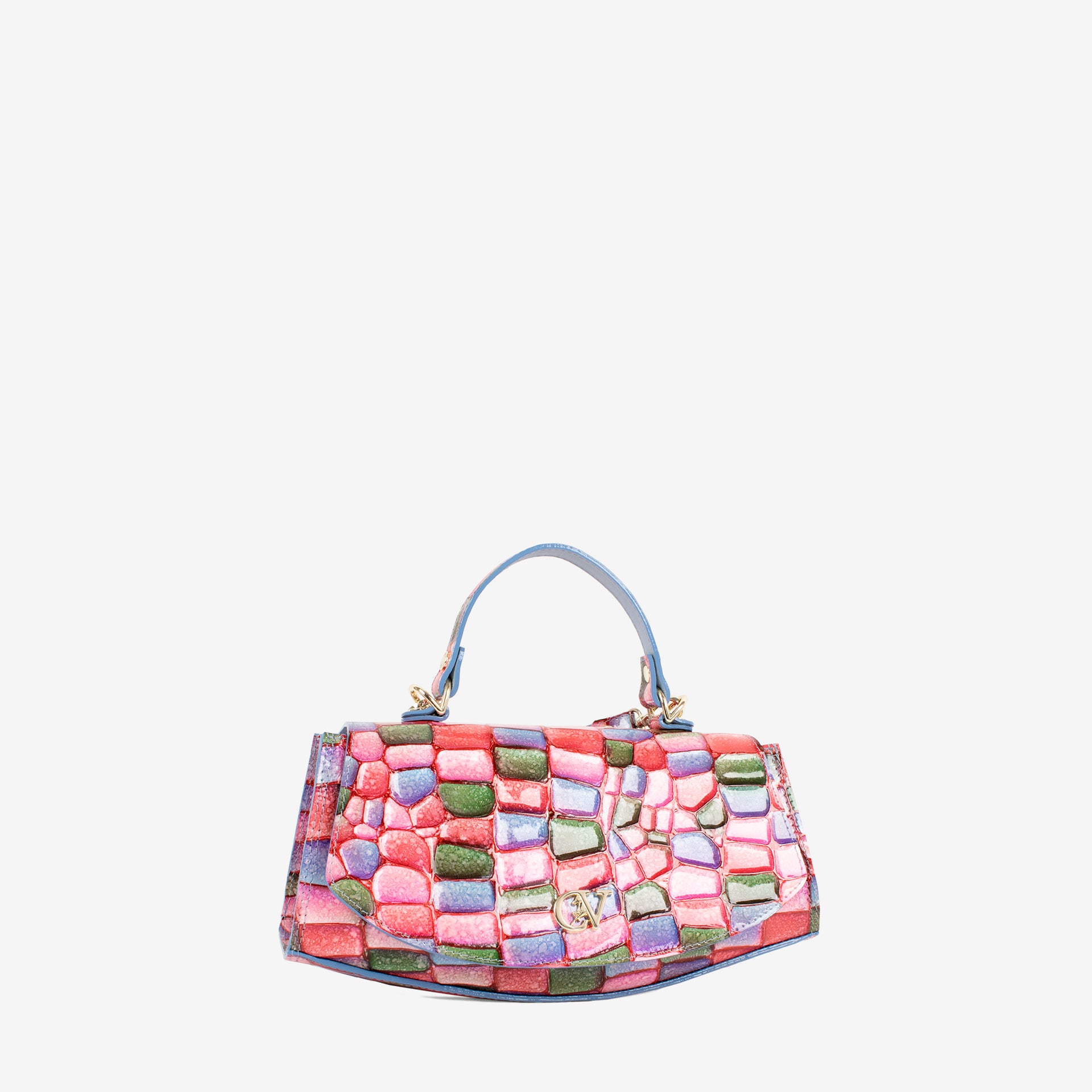 A structured handbag with a multicolor mosaic patchwork pattern in pink, red, green, and purple, featuring a light blue leather top handle and gold-tone hardware, set against a plain light gray background. #color_pink
