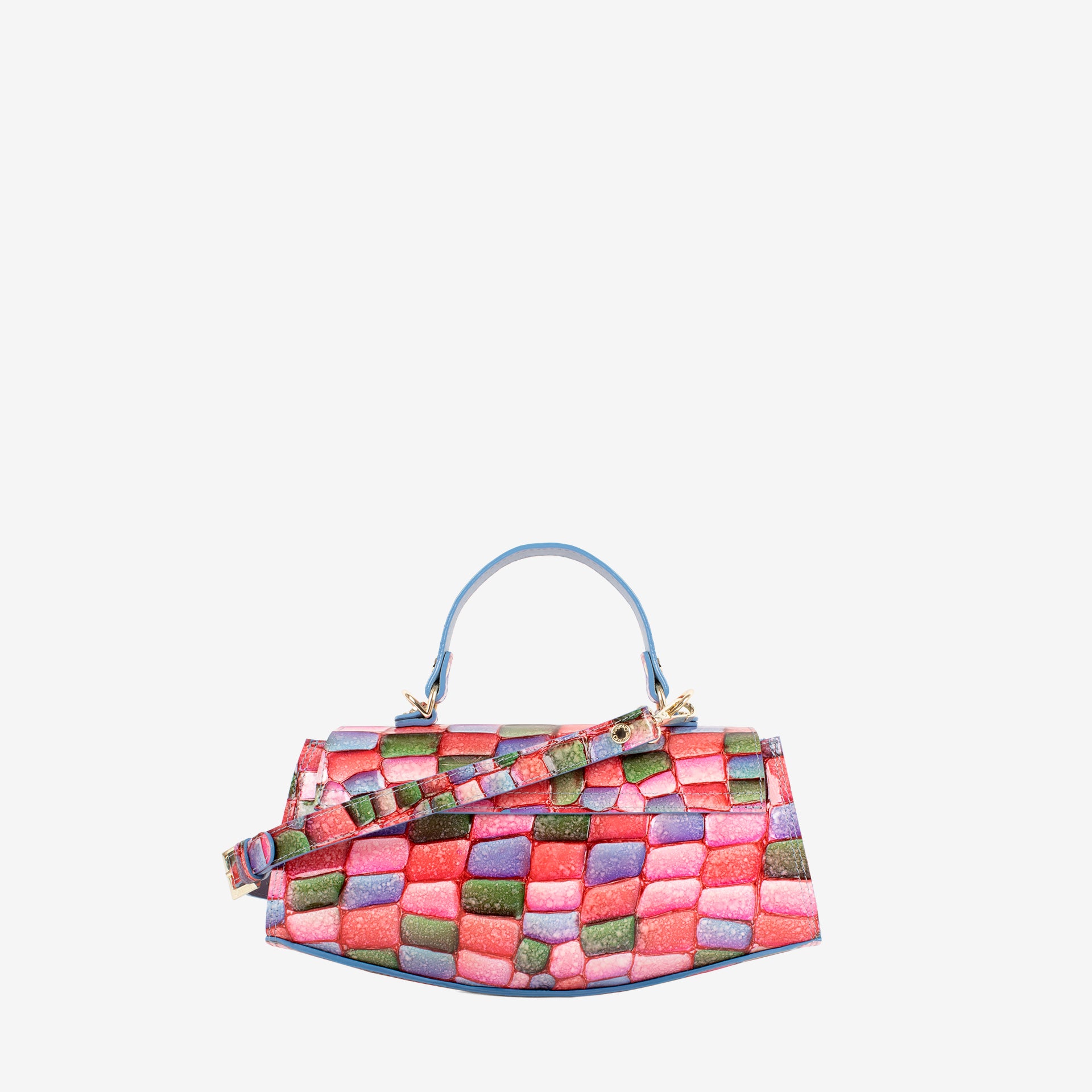 A small woven leather shoulder bag with a multicolor checkered pattern of pink, red, green, and blue squares, featuring a matching woven strap and a blue leather trim, shown against a plain light gray background. #color_pink