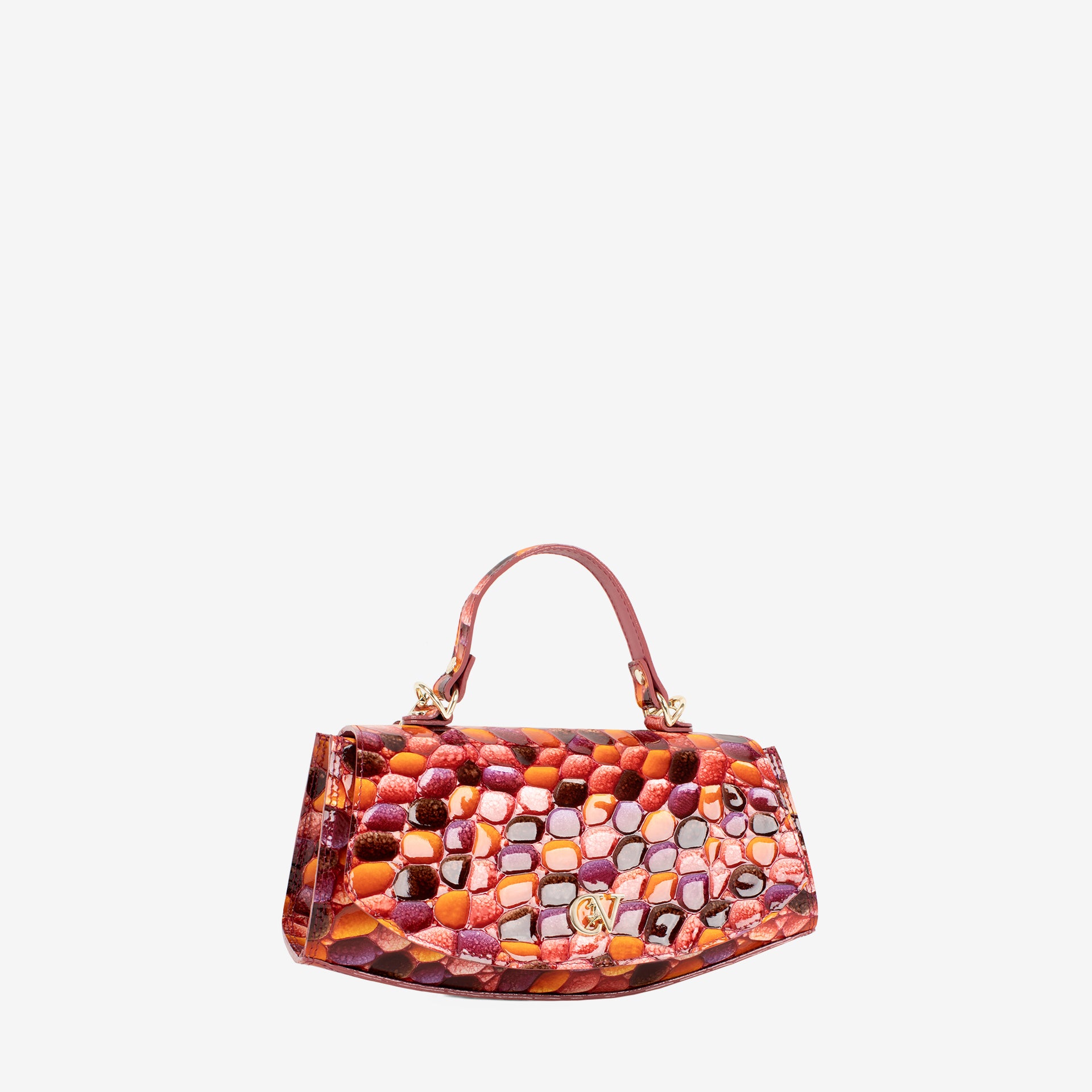 A structured handbag with a glossy, textured scale pattern in shades of orange, red, and purple, featuring a top handle and gold-tone hardware, set against a plain light gray background. #color_orange