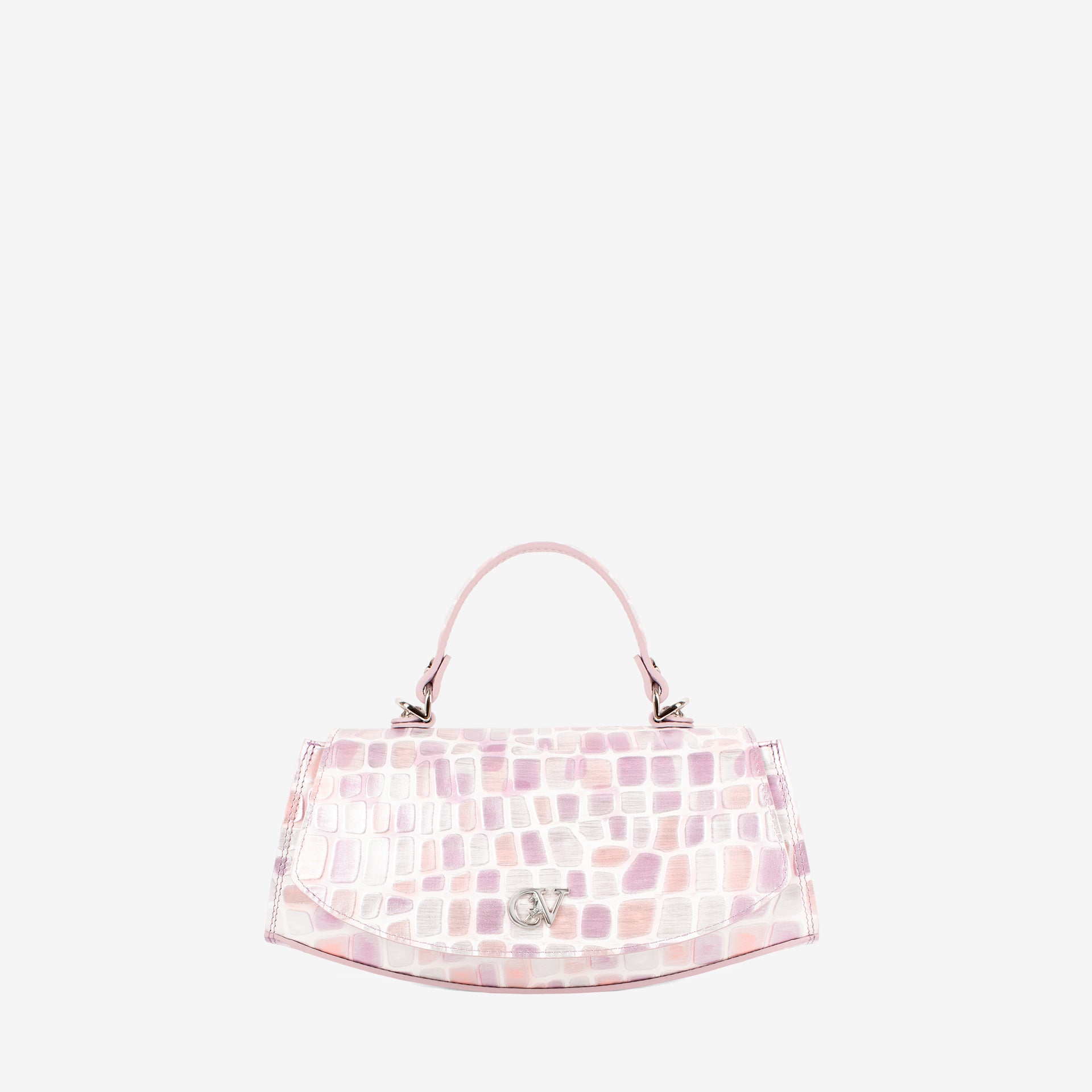 A light pink crocodile-embossed handbag with a top handle and a silver-tone interlocking CC logo clasp, set against a plain white background. #color_lilac