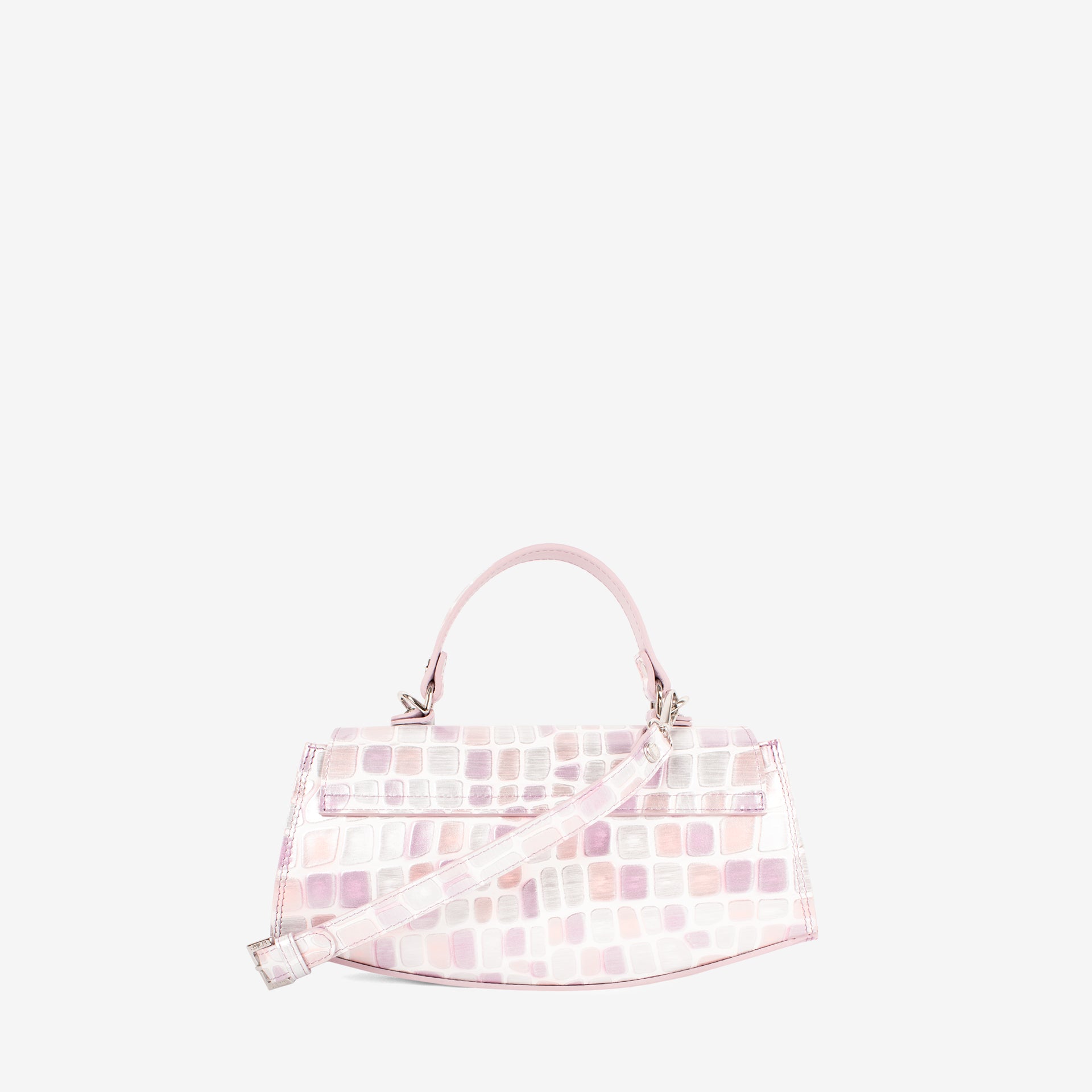 A small light pink crocodile-embossed handbag with a matching strap and silver-tone hardware, shown against a plain white background. #color_lilac