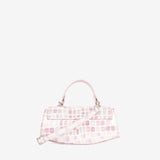 A small light pink crocodile-embossed handbag with a matching strap and silver-tone hardware, shown against a plain white background. #color_lilac