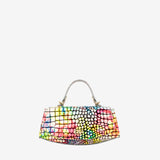 A small handbag with a colorful mosaic tile pattern on a white background, featuring a structured body, a top handle. #color_neon