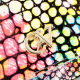 A small handbag with a colorful mosaic tile pattern on a white background, featuring a structured body, a top handle. #color_neon