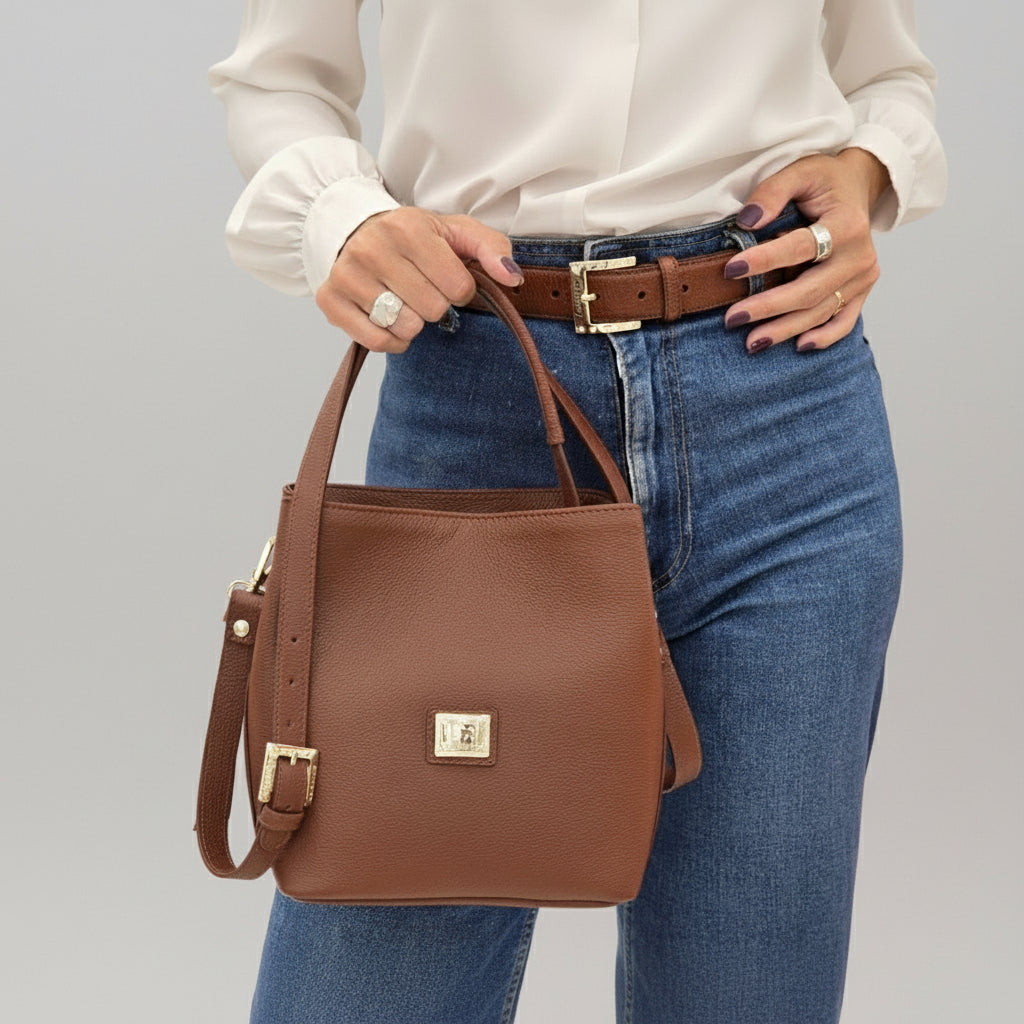 Cavalinho Muse Brown Leather Bucket Bag SKU 18300591.13 #color_saddlebrown