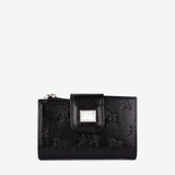 A Cavalinho black leather wallet with an embossed horse pattern, a silver-tone metal clasp, and a zipper closure SKU 28090232.01 #color_black