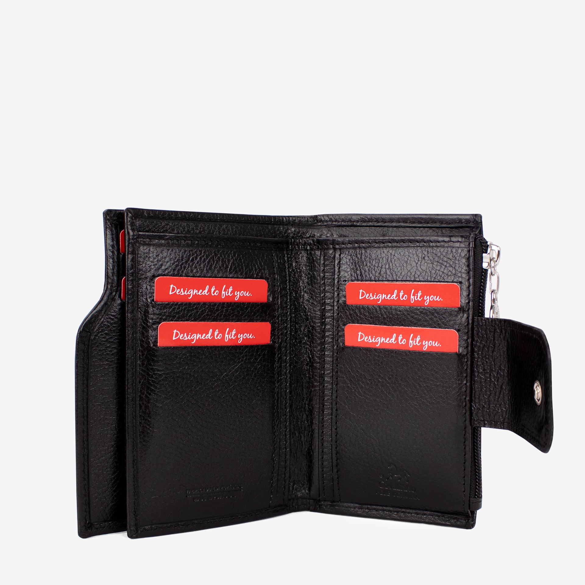 A Cavalinho open black leather bi-fold wallet with multiple card slots and a zip-around section, featuring four bright red rectangular labels printed with the white text 'Designed to fit you.'. SKU 28090232.01 #color_black