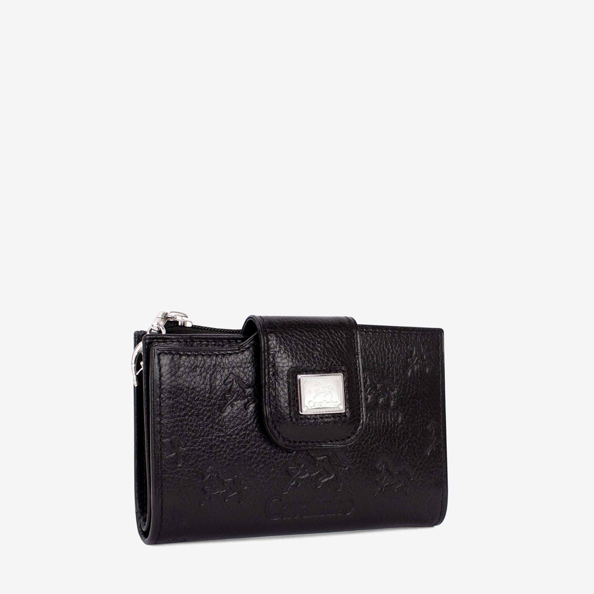 A Cavalinho black leather wallet with an embossed monogram horse pattern and a silver-tone metal logo plaque on the front flap, shown against a plain light gray background SKU 28090232.01 #color_black