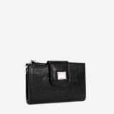 A Cavalinho black leather wallet with an embossed monogram horse pattern and a silver-tone metal logo plaque on the front flap, shown against a plain light gray background SKU 28090232.01 #color_black
