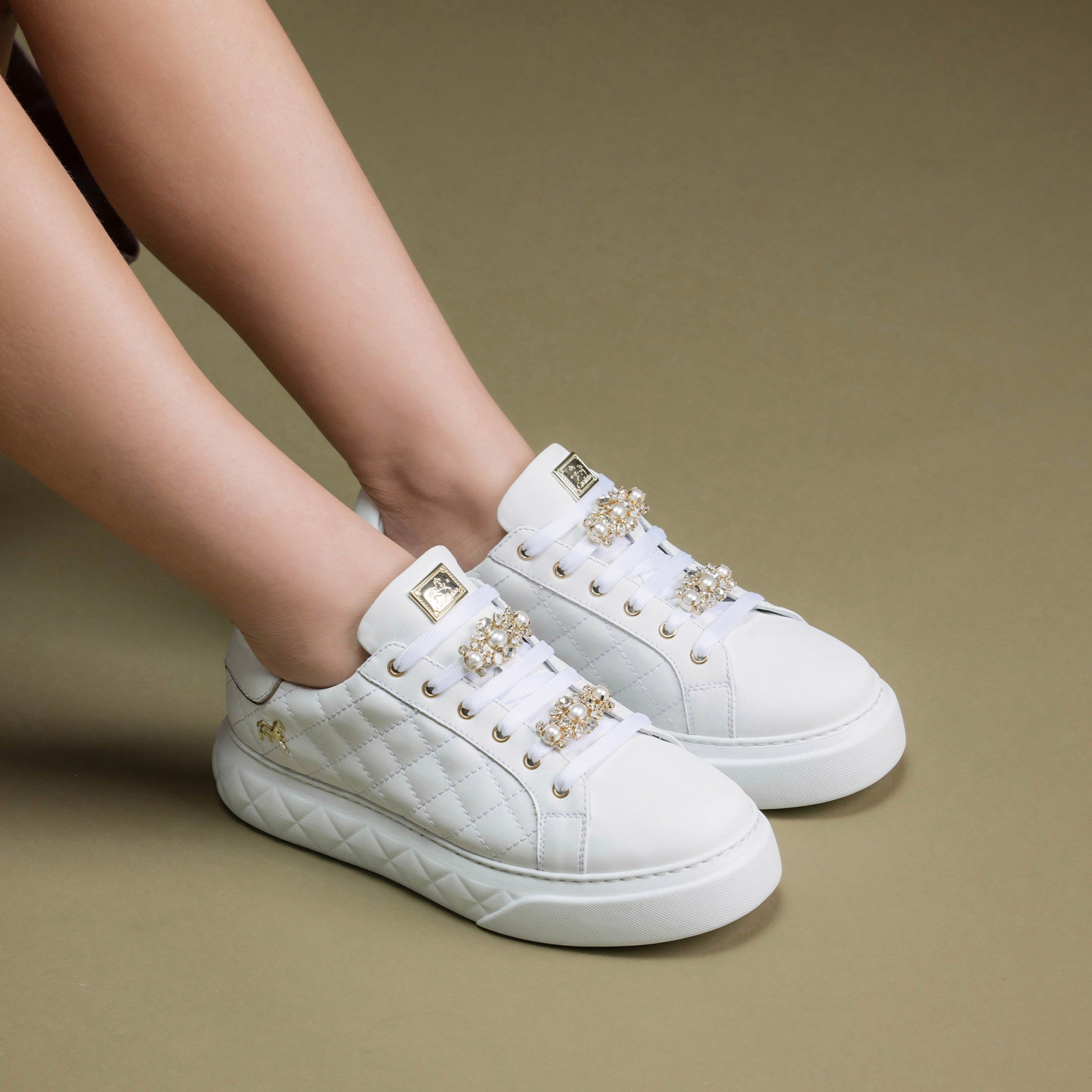 Cavalinho Eternal Leather Sneakers for Women with Gold Accents SKU 48010132.16 #color_white / gold