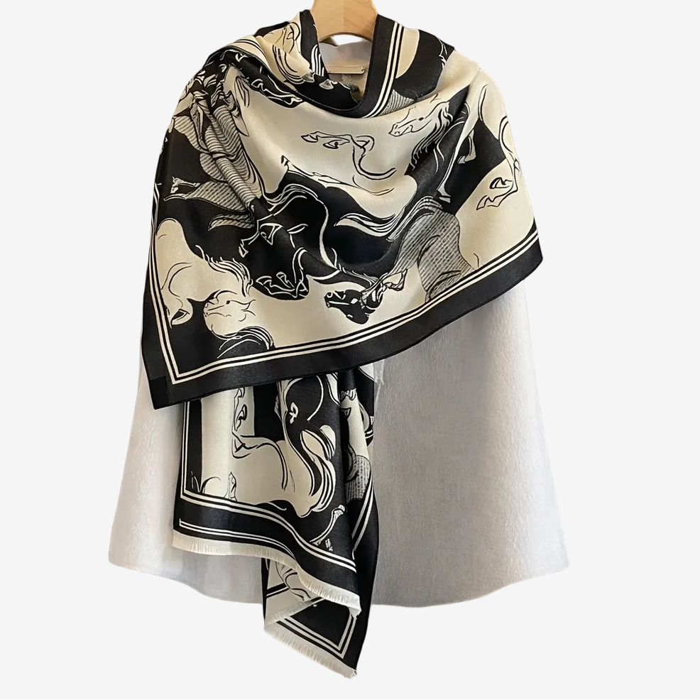 Horse Print Shawl & Blanket Scarf #print_Black / Beige