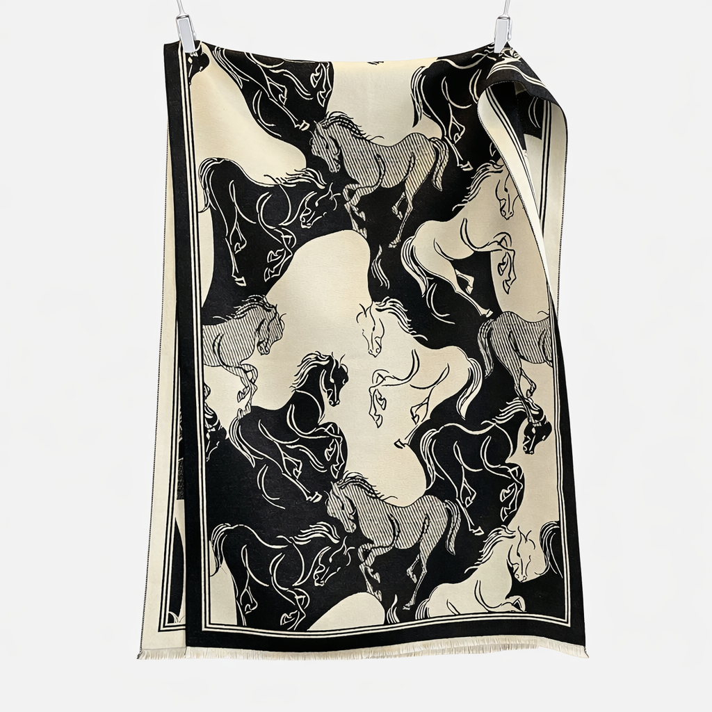 Horse Print Shawl & Blanket Scarf #print_Black / Beige