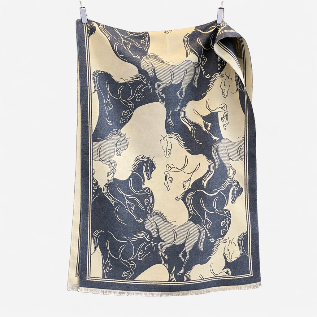 Horse Print Shawl & Blanket Scarf #print_Grey / Beige