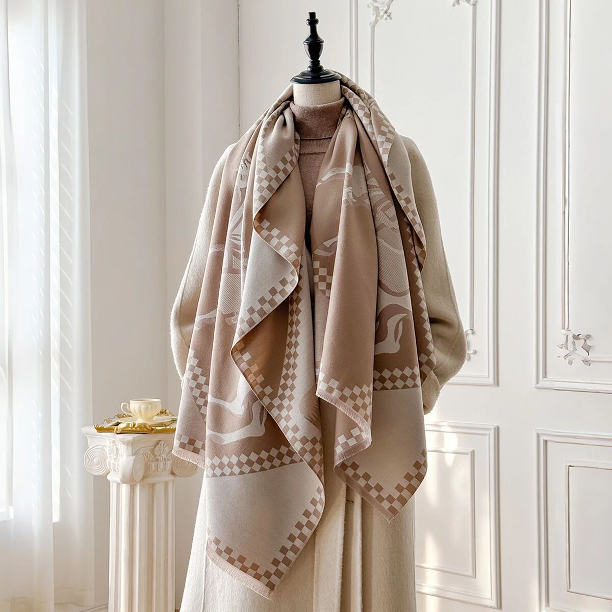 Two Horses Plaid Shawl & Blanket Scarf #print_Beige